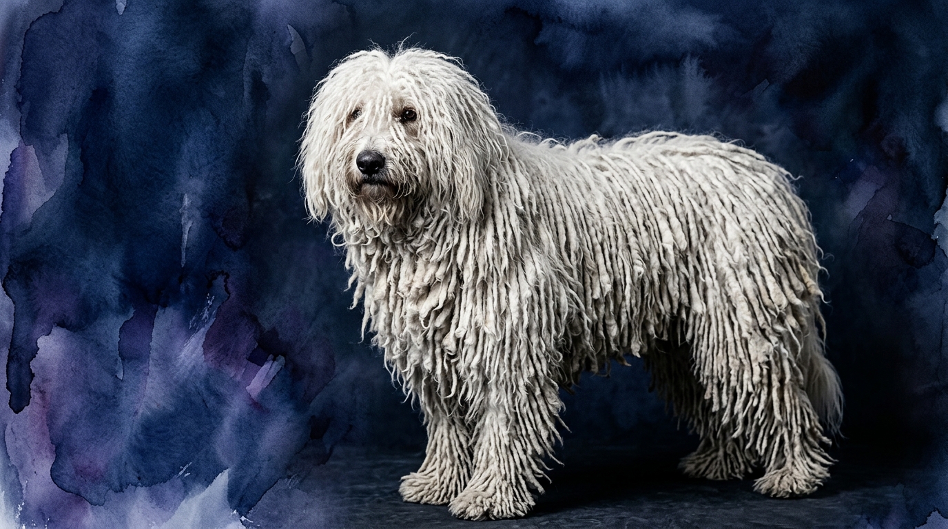 Komondor dog portrait — Komondor cognitive intelligence profile, Pet IQ Lab