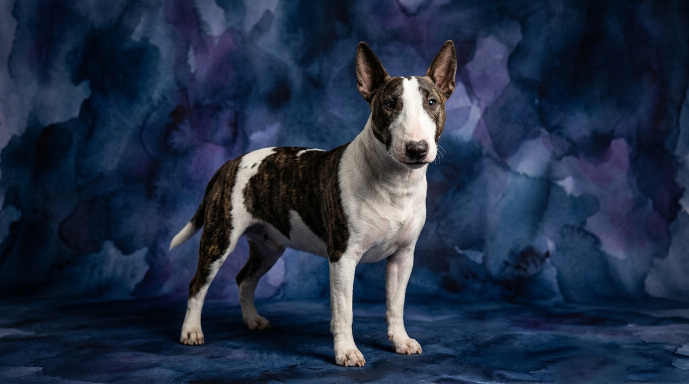 Miniature Bull Terrier dog portrait — Miniature Bull Terrier cognitive intelligence profile, Pet IQ Lab