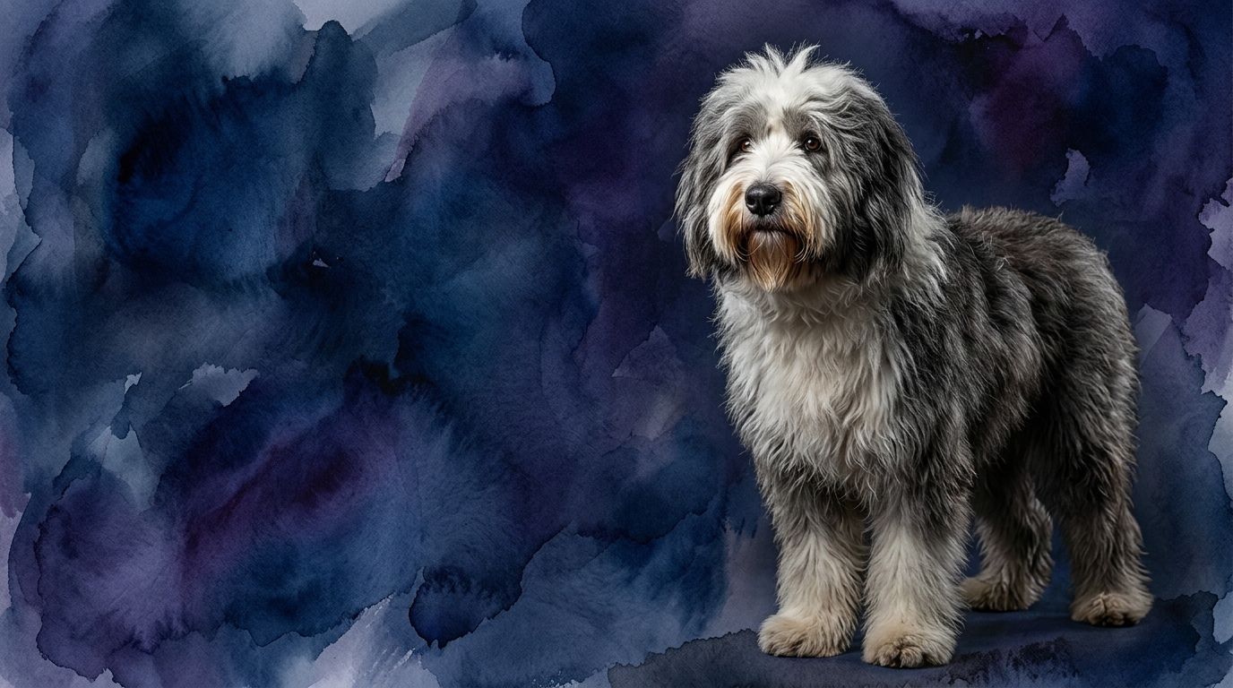 Old English Sheepdog dog portrait — Old English Sheepdog cognitive intelligence profile, Pet IQ Lab